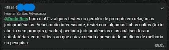 Mensagem real de usuário: Relato sobre prompts e jurisprudência.